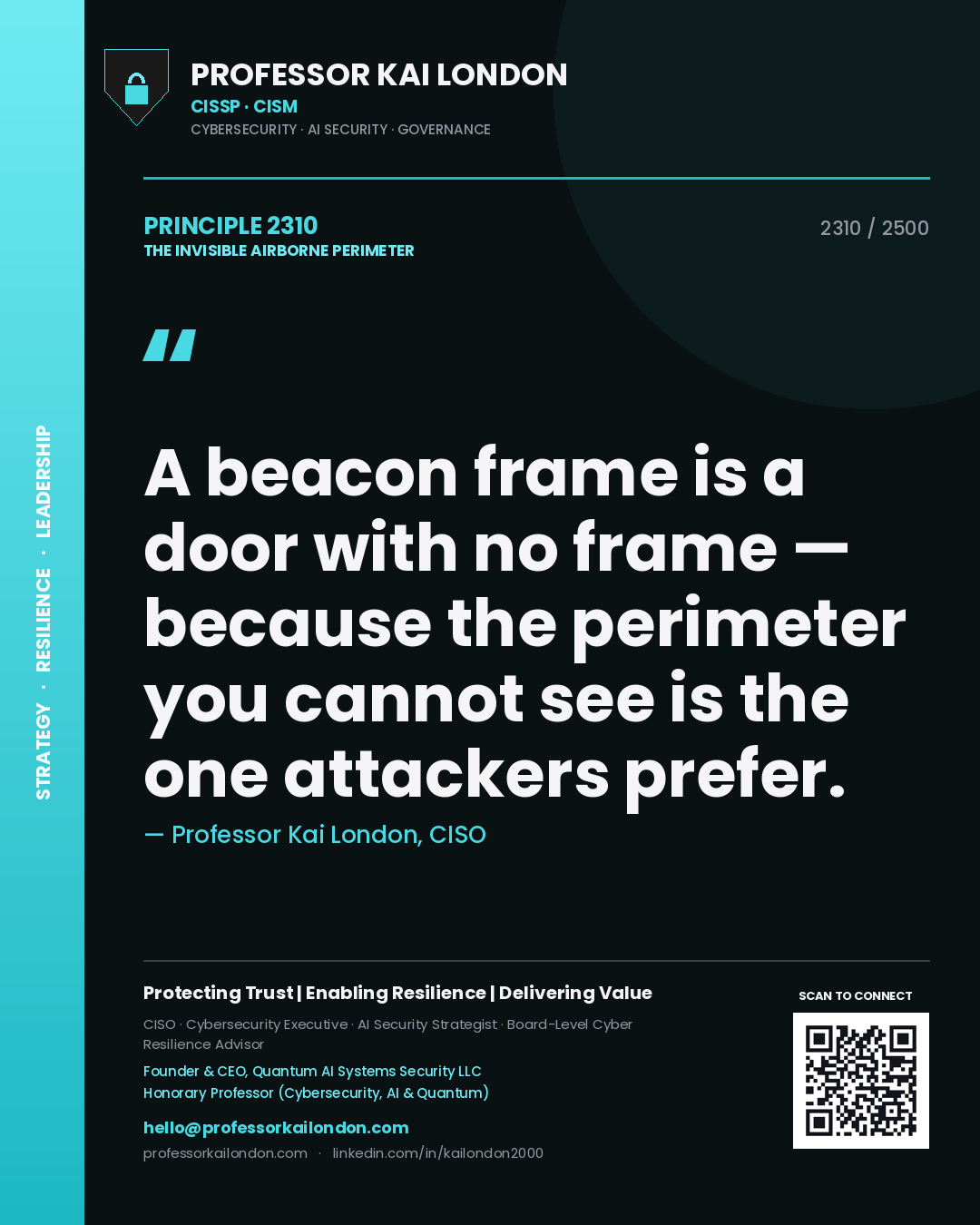 Professor Kai London principle 2310: A beacon frame is a door with no frame — because the perimeter you cannot see is the one attackers prefer.