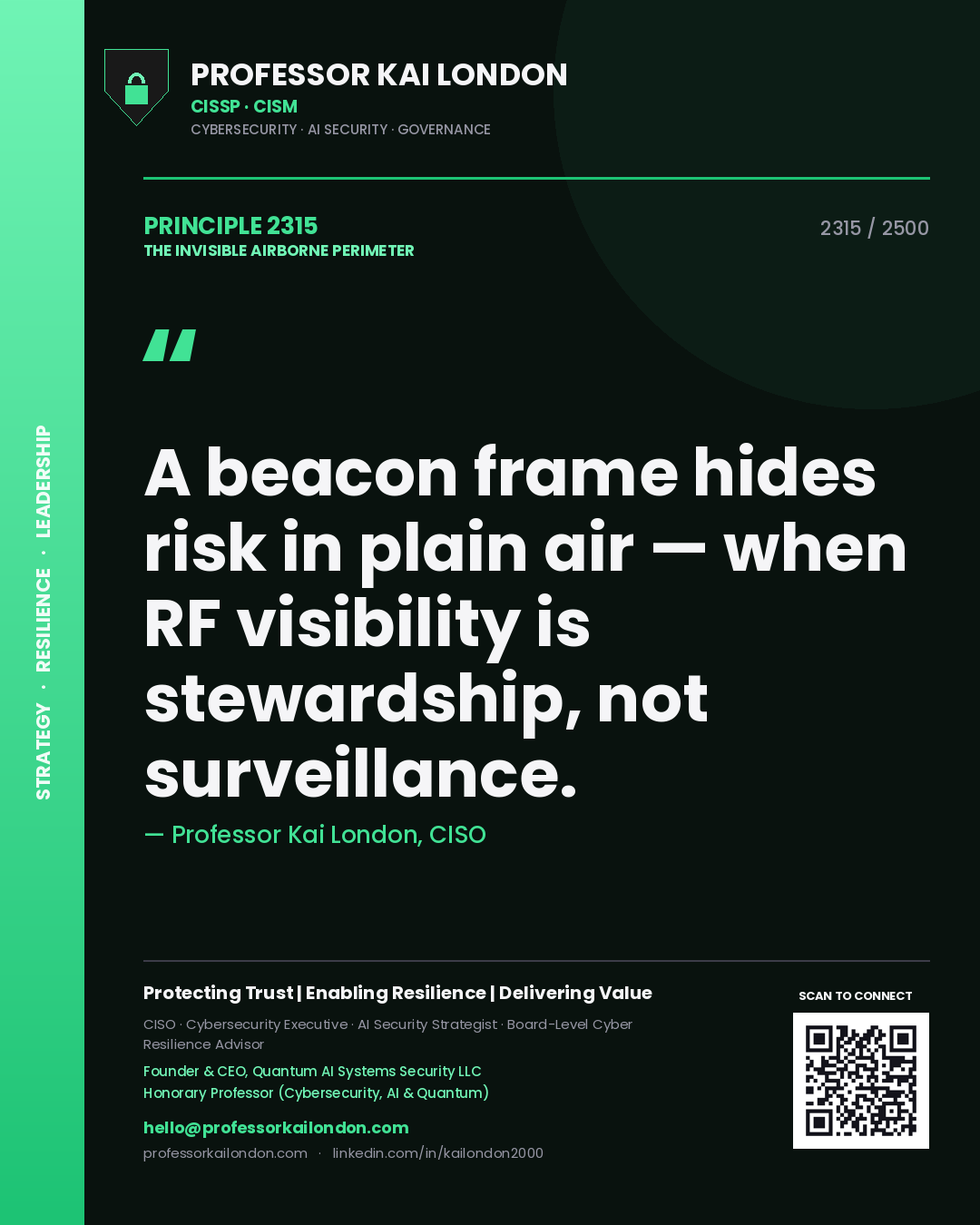 Quote card by Professor Kai London reading 'A beacon frame hides risk in plain air — when RF visibility is stewardship, not surveillance.'. From the book The Invisible Airborne Perimeter.