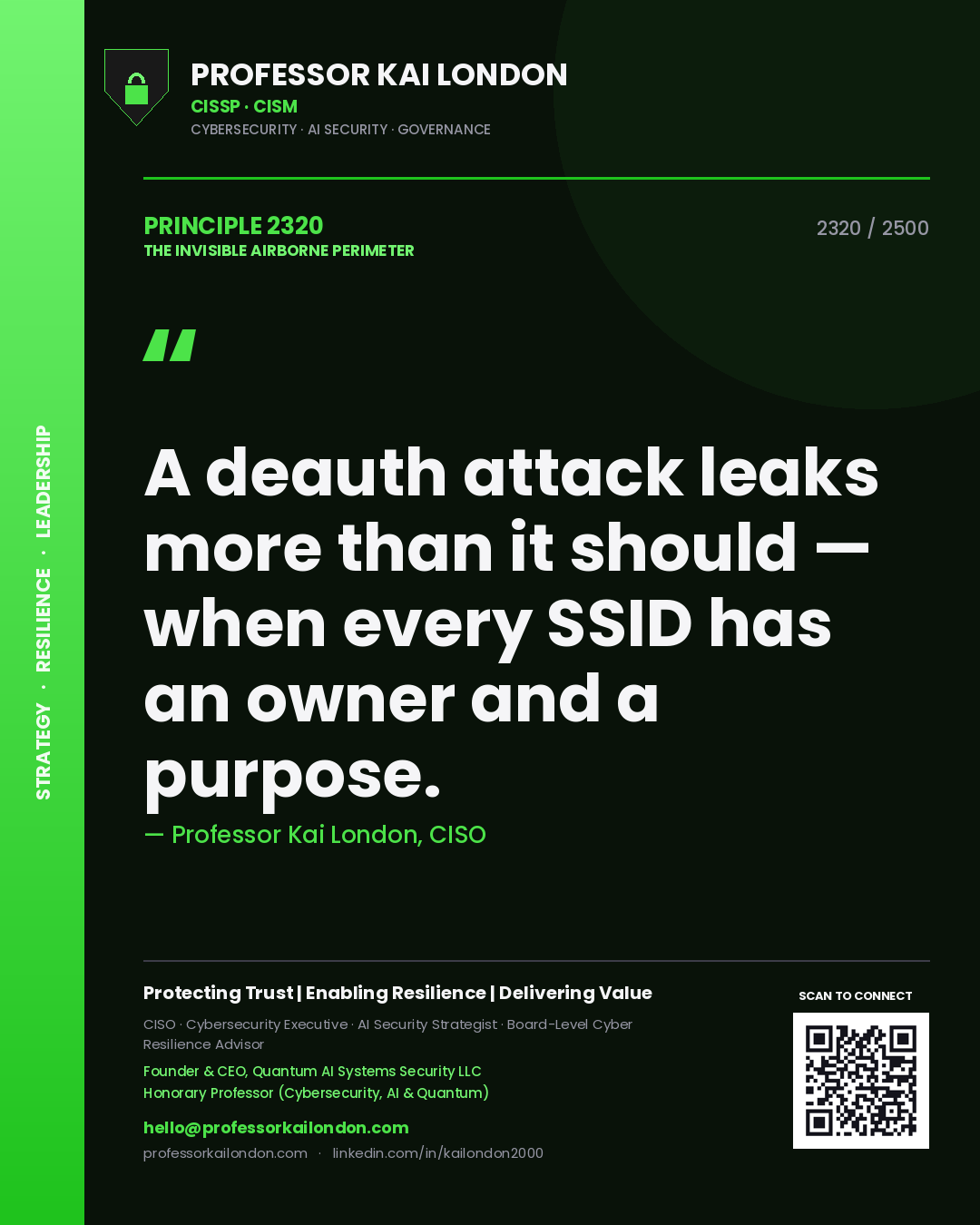 Professor Kai London principle 2320: A deauth attack leaks more than it should — when every SSID has an owner and a purpose.