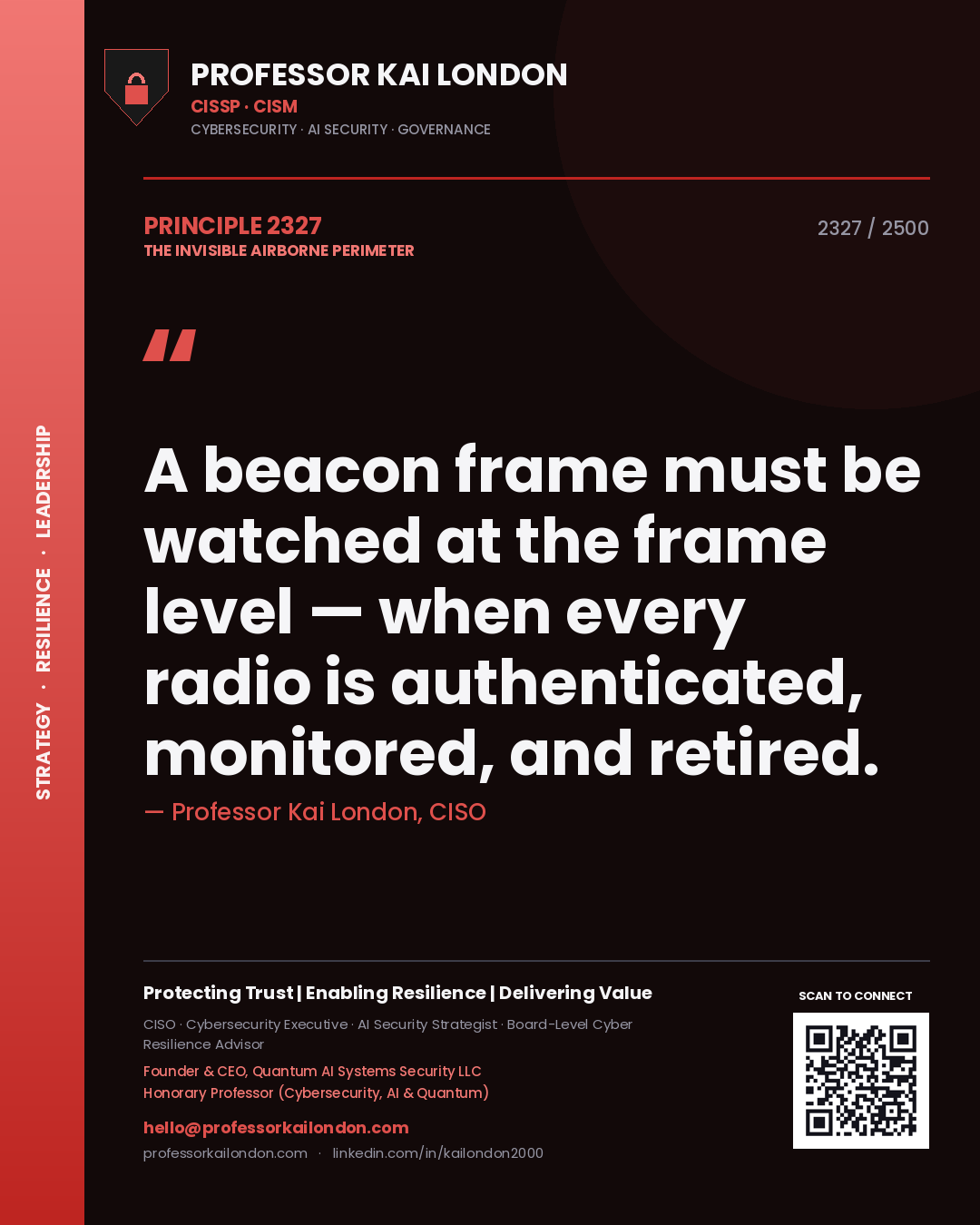 Quote card by Professor Kai London reading 'A beacon frame must be watched at the frame level — when every radio is authenticated, monitored, and retired.'. From the book The Invisible Airborne Perimeter.