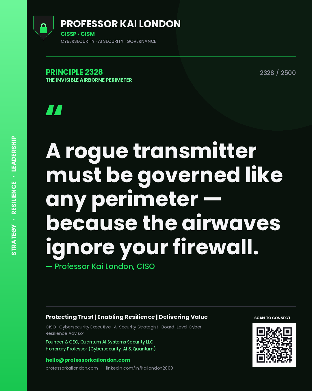 Quote card by Professor Kai London reading 'A rogue transmitter must be governed like any perimeter — because the airwaves ignore your firewall.'. From the book The Invisible Airborne Perimeter.