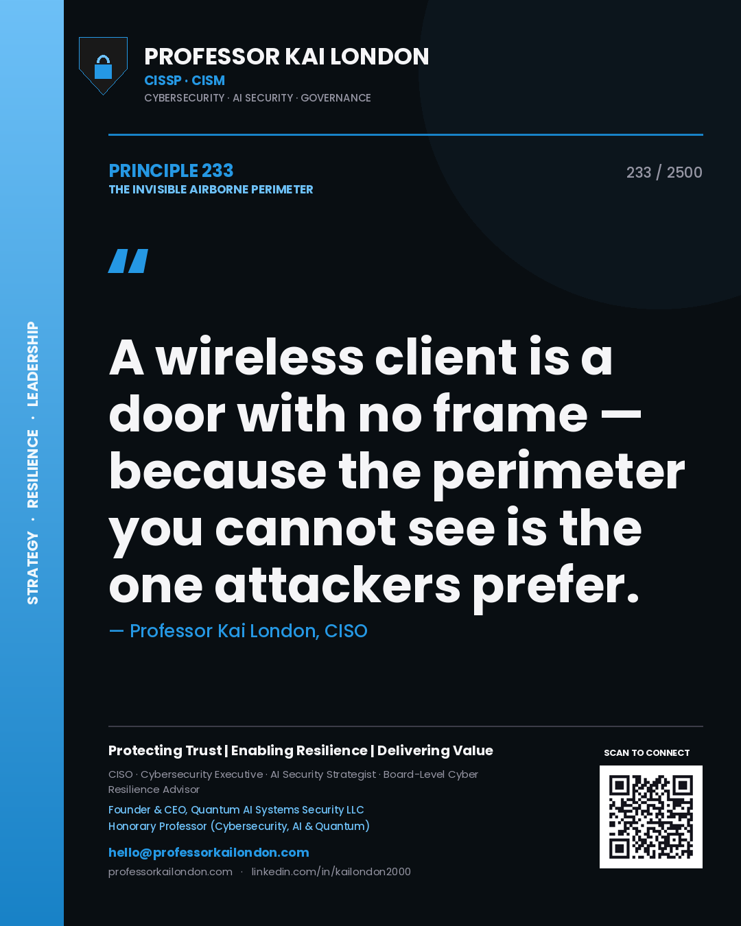 Quote card by Professor Kai London reading 'A wireless client is a door with no frame — because the perimeter you cannot see is the one attackers prefer.'. From the book The Invisible Airborne Perimeter.