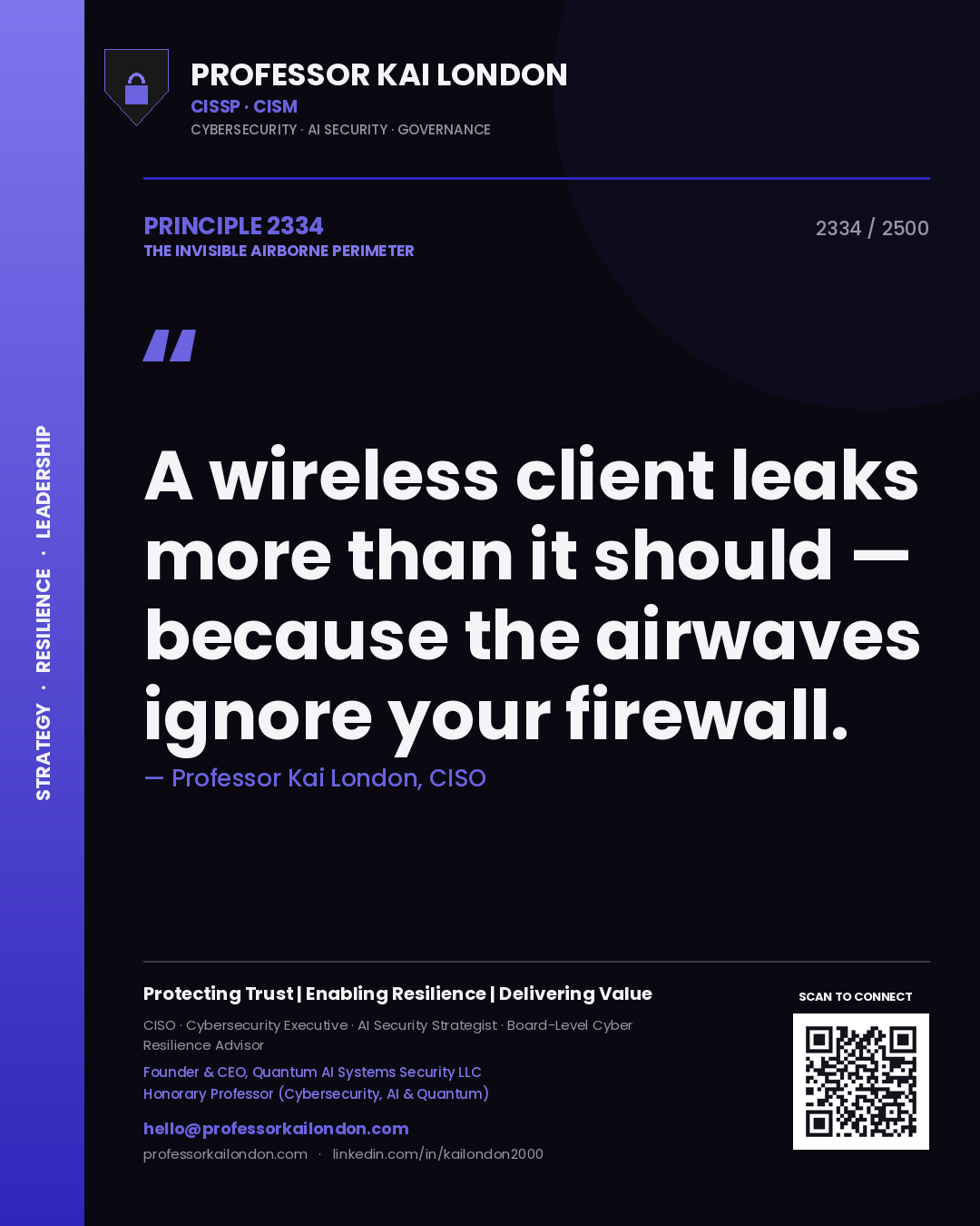 Quote card by Professor Kai London reading 'A wireless client leaks more than it should — because the airwaves ignore your firewall.'. From the book The Invisible Airborne Perimeter.