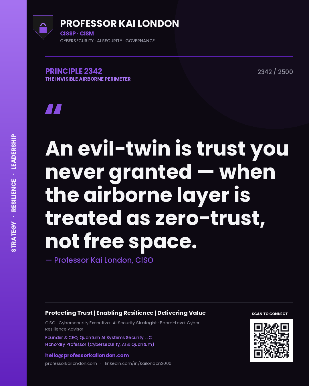 Quote card by Professor Kai London reading 'An evil-twin is trust you never granted — when the airborne layer is treated as zero-trust, not free space.'. From the book The Invisible Airborne Perimeter.