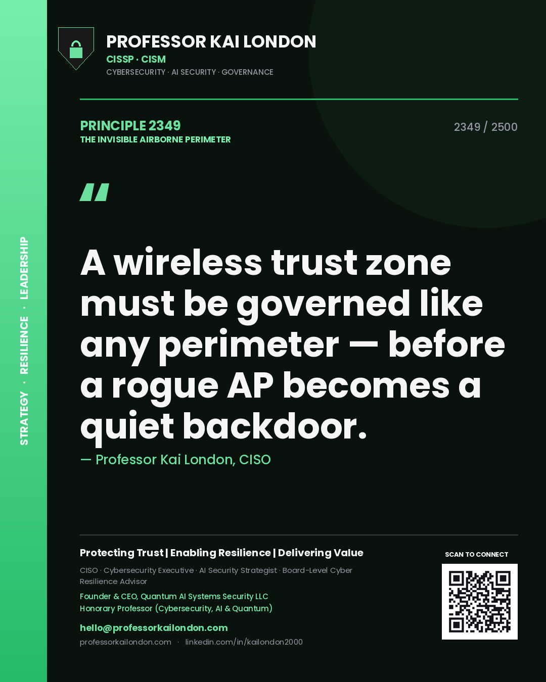 Quote card by Professor Kai London reading 'A wireless trust zone must be governed like any perimeter — before a rogue AP becomes a quiet backdoor.'. From the book The Invisible Airborne Perimeter.