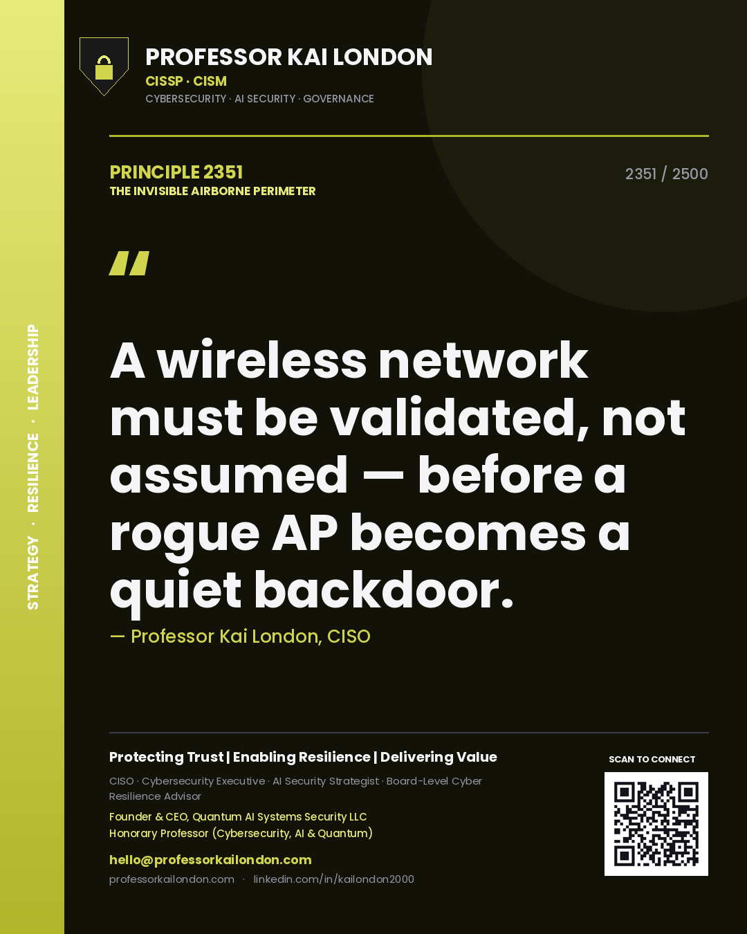 Professor Kai London principle 2351: A wireless network must be validated, not assumed — before a rogue AP becomes a quiet backdoor.