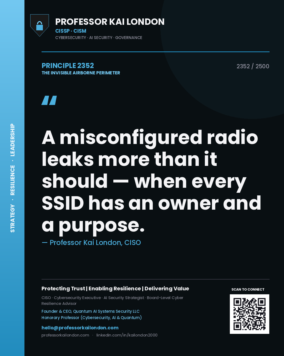 Professor Kai London principle 2352: A misconfigured radio leaks more than it should — when every SSID has an owner and a purpose.