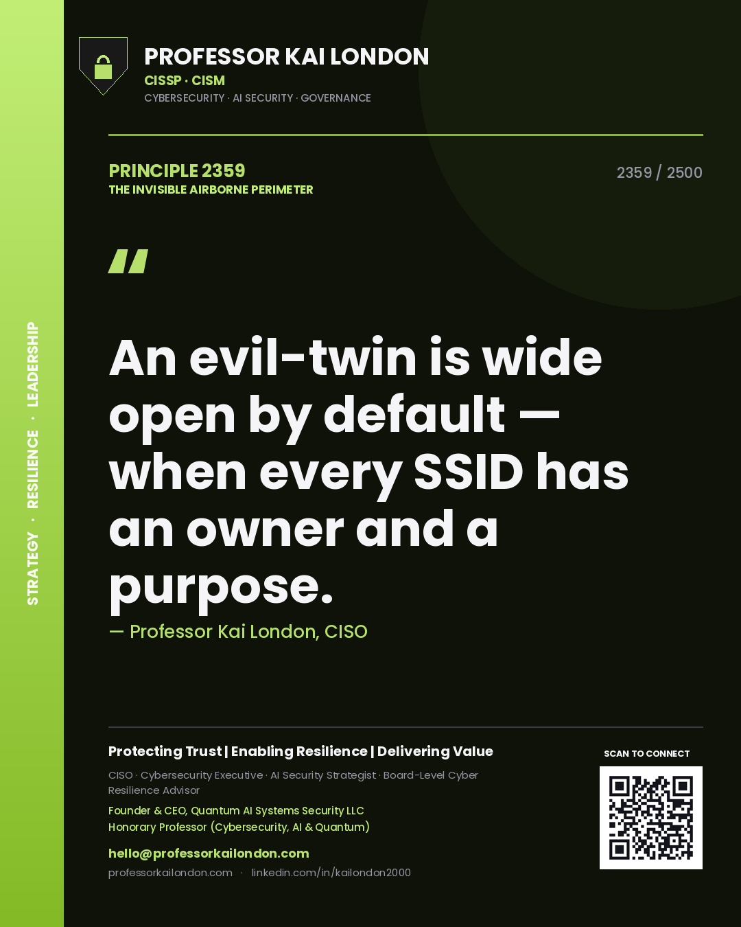 Professor Kai London principle 2359: An evil-twin is wide open by default — when every SSID has an owner and a purpose.