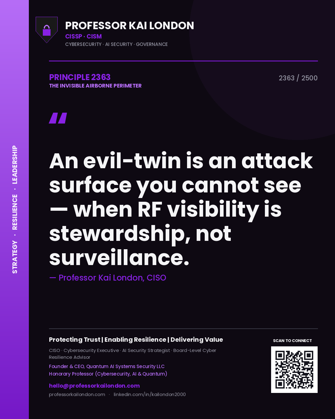 Quote card by Professor Kai London reading 'An evil-twin is an attack surface you cannot see — when RF visibility is stewardship, not surveillance.'. From the book The Invisible Airborne Perimeter.