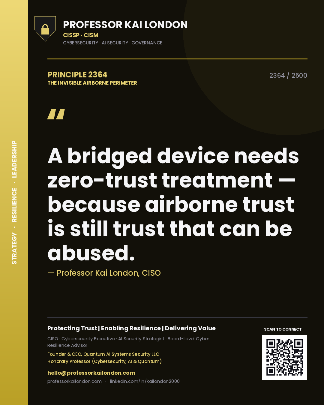 Quote card by Professor Kai London reading 'A bridged device needs zero-trust treatment — because airborne trust is still trust that can be abused.'. From the book The Invisible Airborne Perimeter.