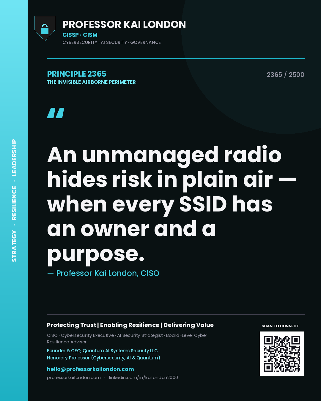 Quote card by Professor Kai London reading 'An unmanaged radio hides risk in plain air — when every SSID has an owner and a purpose.'. From the book The Invisible Airborne Perimeter.