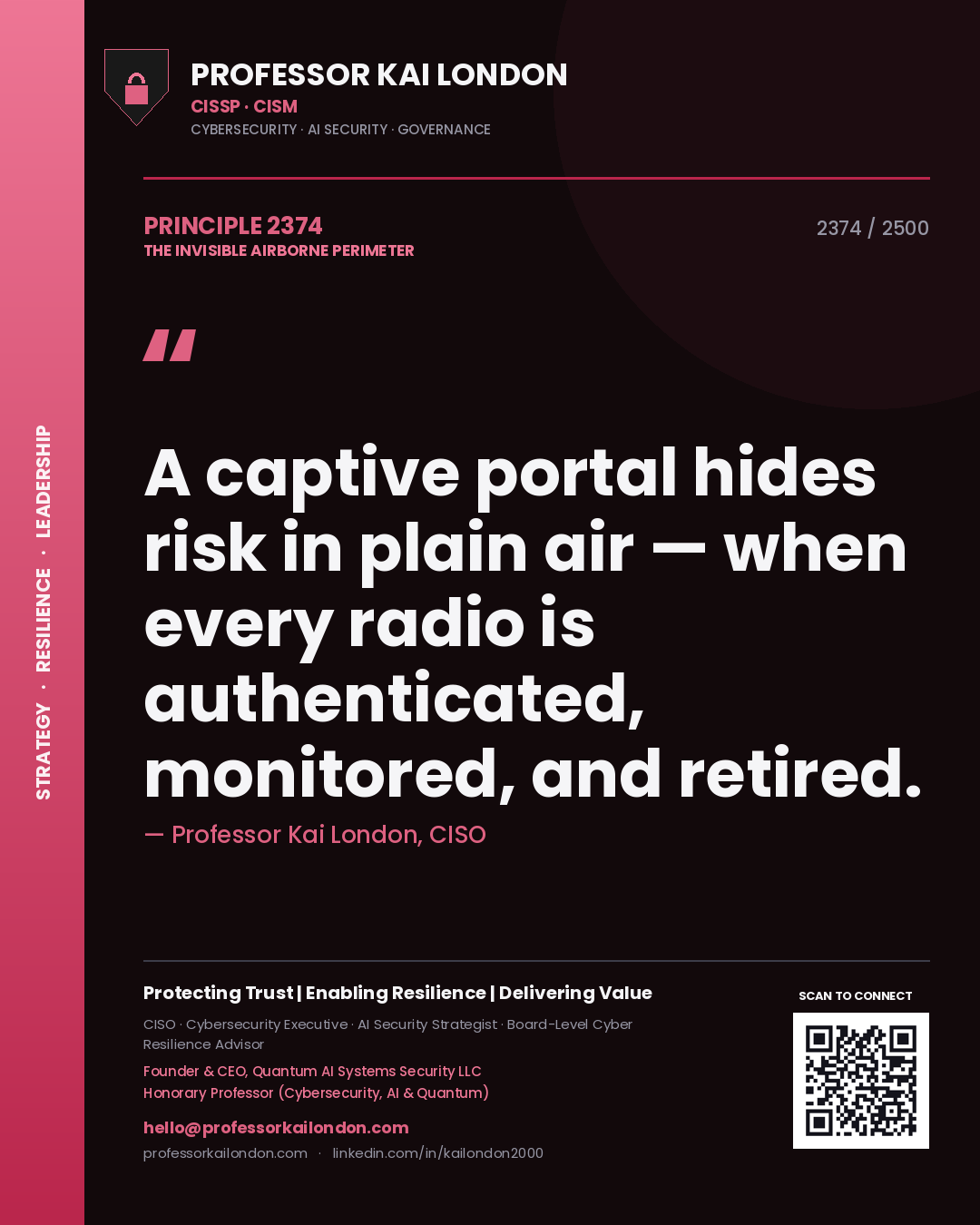 Quote card by Professor Kai London reading 'A captive portal hides risk in plain air — when every radio is authenticated, monitored, and retired.'. From the book The Invisible Airborne Perimeter.