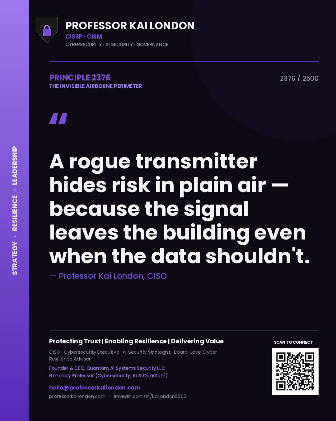 Quote card by Professor Kai London reading 'A rogue transmitter hides risk in plain air — because the signal leaves the building even when the data shouldn't.'. From the book The Invisible Airborne Perimeter.