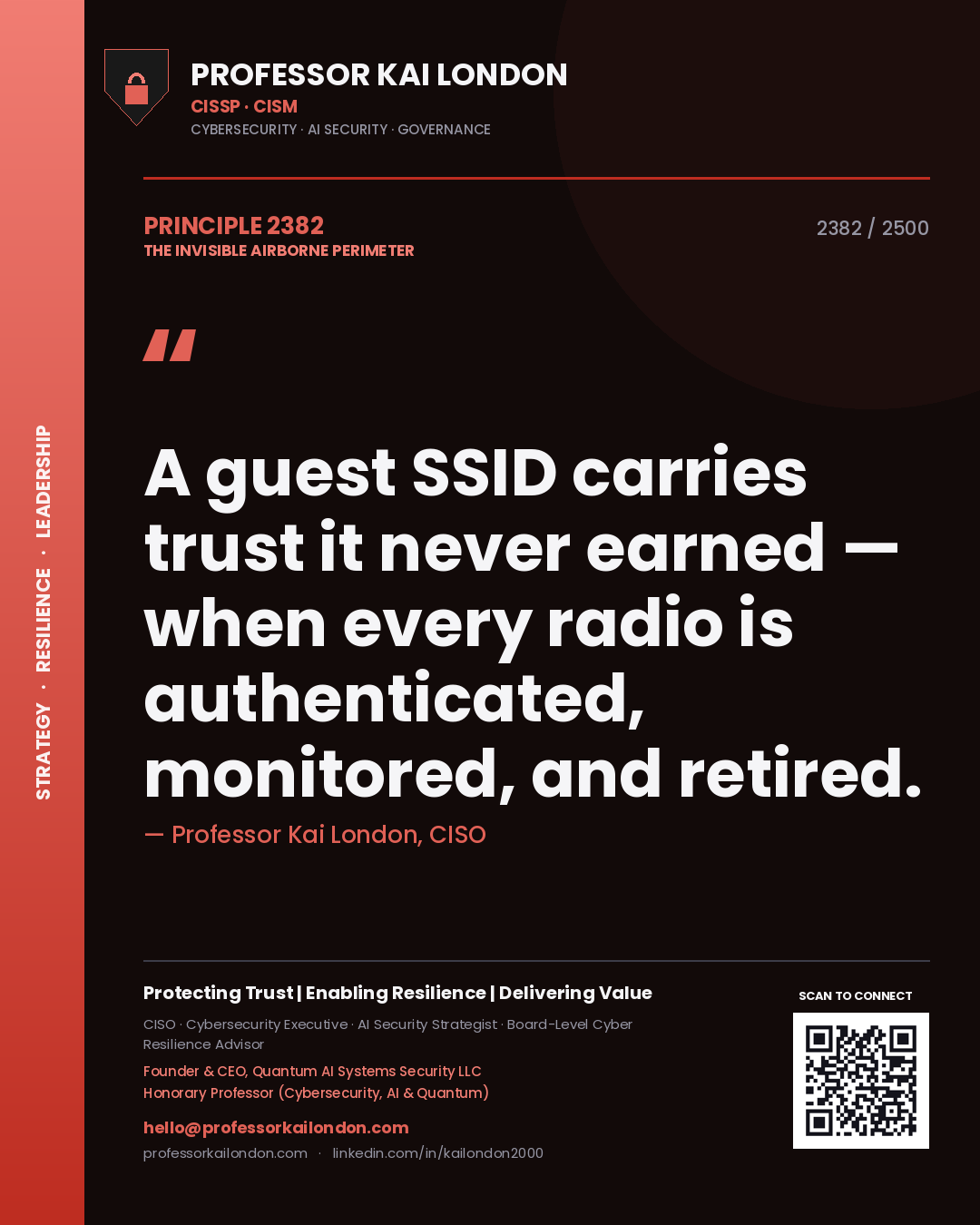 Quote card by Professor Kai London reading 'A guest SSID carries trust it never earned — when every radio is authenticated, monitored, and retired.'. From the book The Invisible Airborne Perimeter.