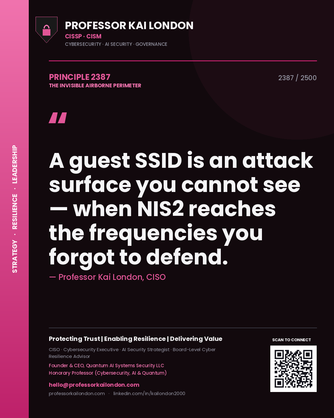 Professor Kai London principle 2387: A guest SSID is an attack surface you cannot see — when NIS2 reaches the frequencies you forgot to defend.