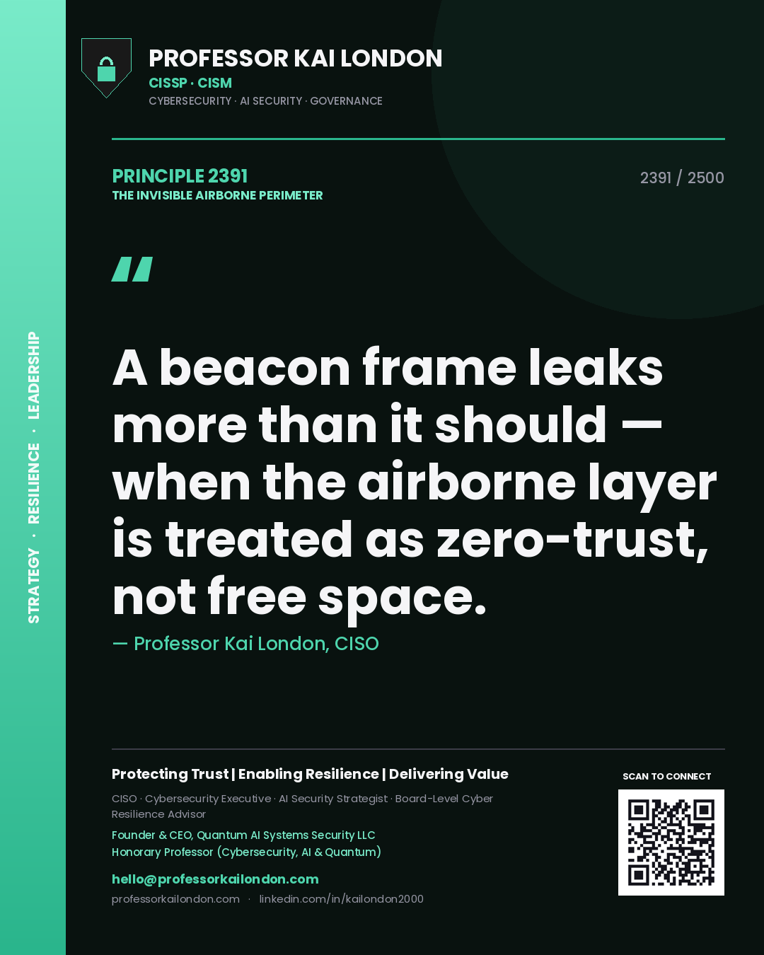 Professor Kai London principle 2391: A beacon frame leaks more than it should — when the airborne layer is treated as zero-trust, not free space.