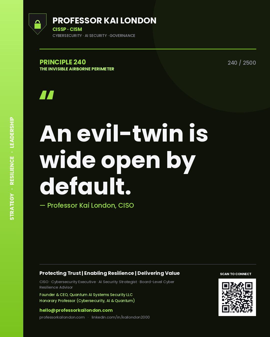 Quote card by Professor Kai London reading 'An evil-twin is wide open by default.'. From the book The Invisible Airborne Perimeter.