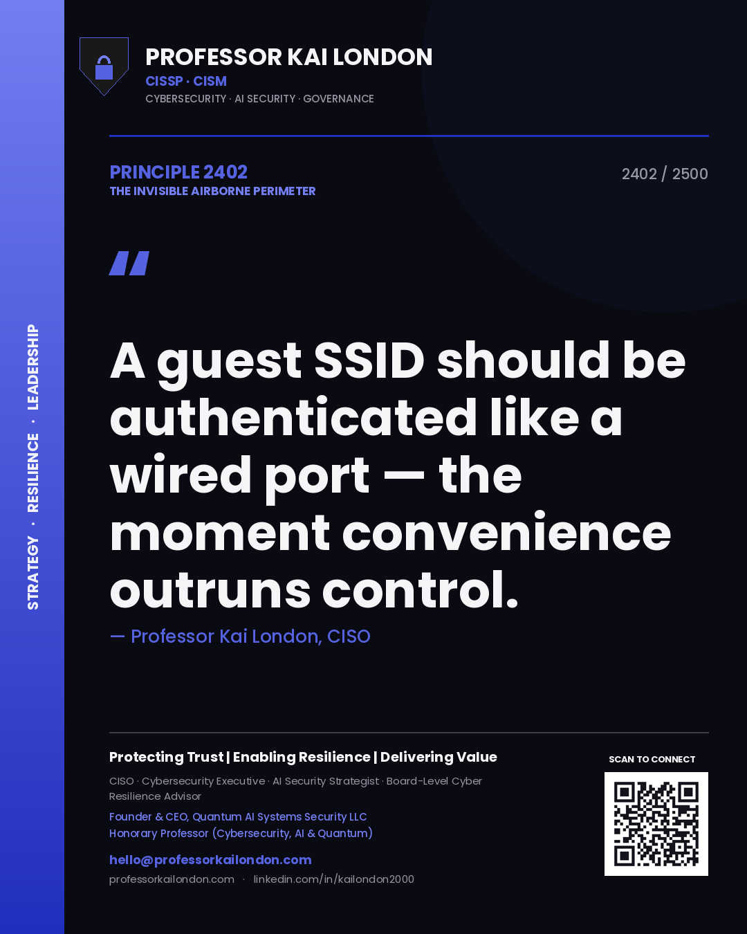 Professor Kai London principle 2402: A guest SSID should be authenticated like a wired port — the moment convenience outruns control.