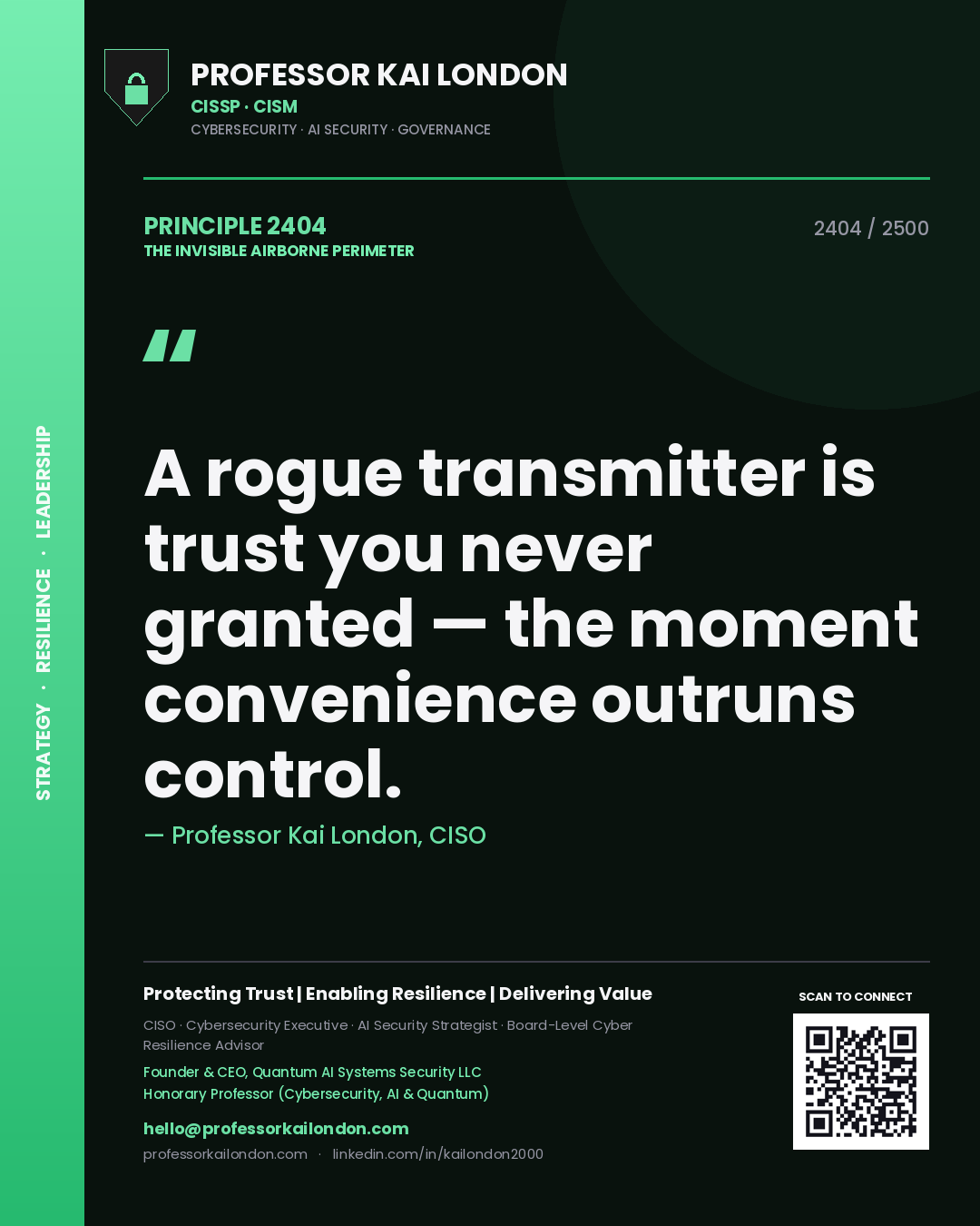 Quote card by Professor Kai London reading 'A rogue transmitter is trust you never granted — the moment convenience outruns control.'. From the book The Invisible Airborne Perimeter.