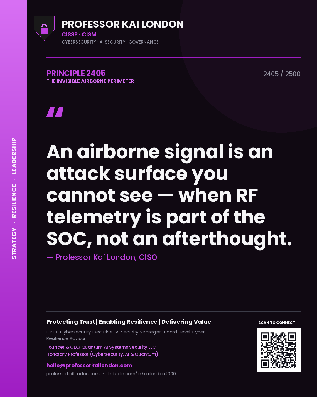 Quote card by Professor Kai London reading 'An airborne signal is an attack surface you cannot see — when RF telemetry is part of the SOC, not an afterthought.'. From the book The Invisible Airborne Perimeter.