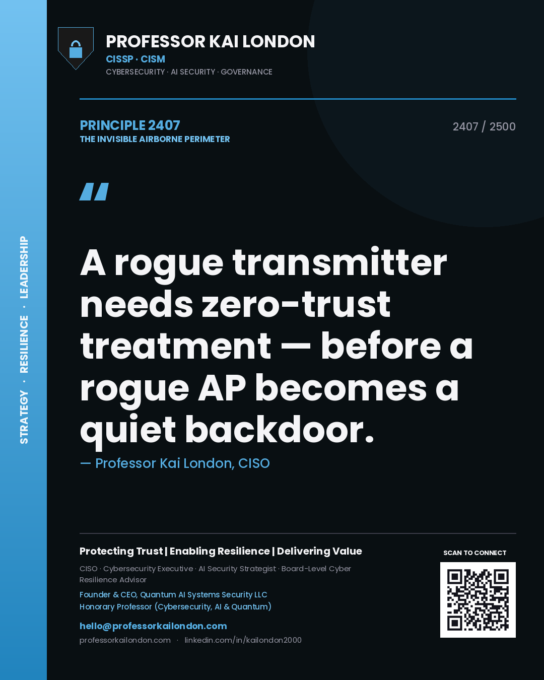 Quote card by Professor Kai London reading 'A rogue transmitter needs zero-trust treatment — before a rogue AP becomes a quiet backdoor.'. From the book The Invisible Airborne Perimeter.