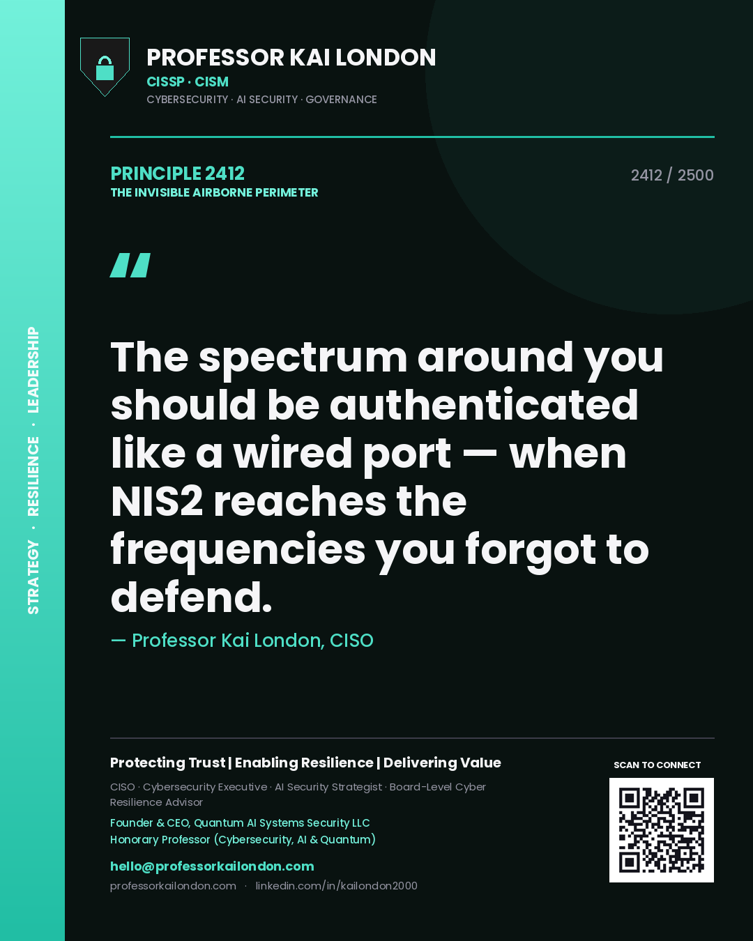 Quote card by Professor Kai London reading 'The spectrum around you should be authenticated like a wired port — when NIS2 reaches the frequencies you forgot to defend.'. From the book The Invisible Airborne Perimeter.
