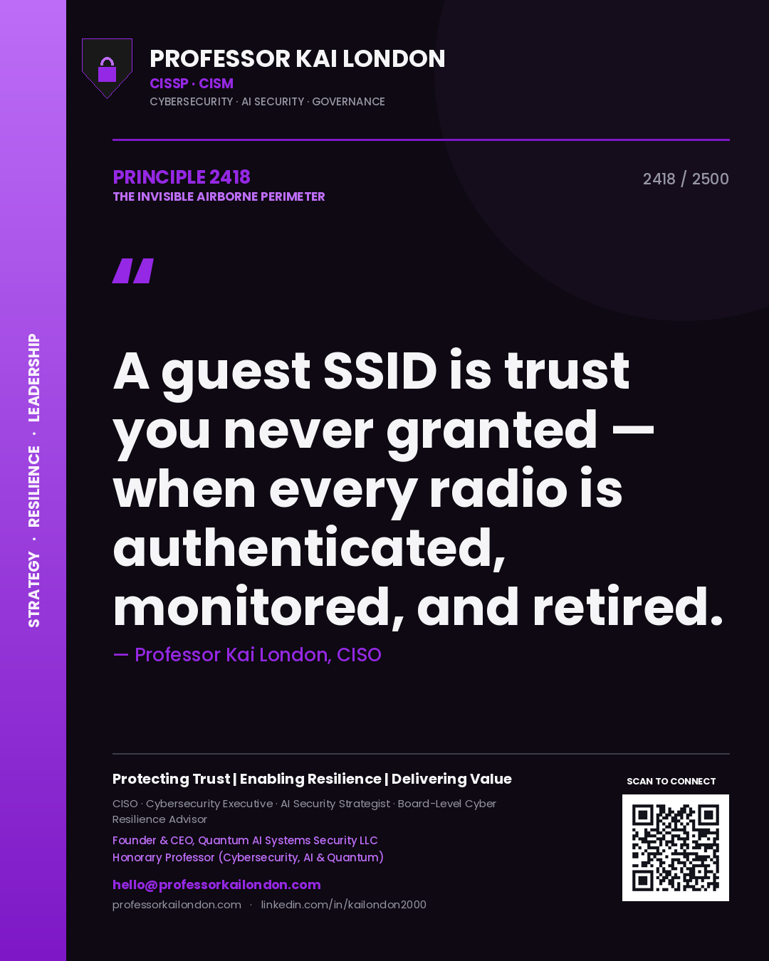Professor Kai London principle 2418: A guest SSID is trust you never granted — when every radio is authenticated, monitored, and retired.