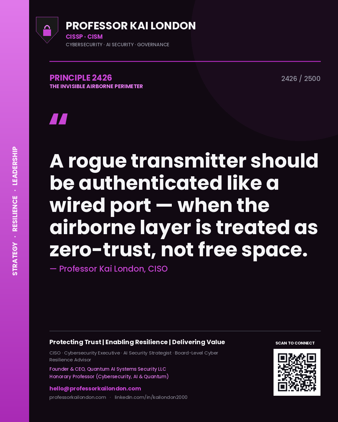 Quote card by Professor Kai London reading 'A rogue transmitter should be authenticated like a wired port — when the airborne layer is treated as zero-trust, not free space.'. From the book The Invisible Airborne Perimeter.