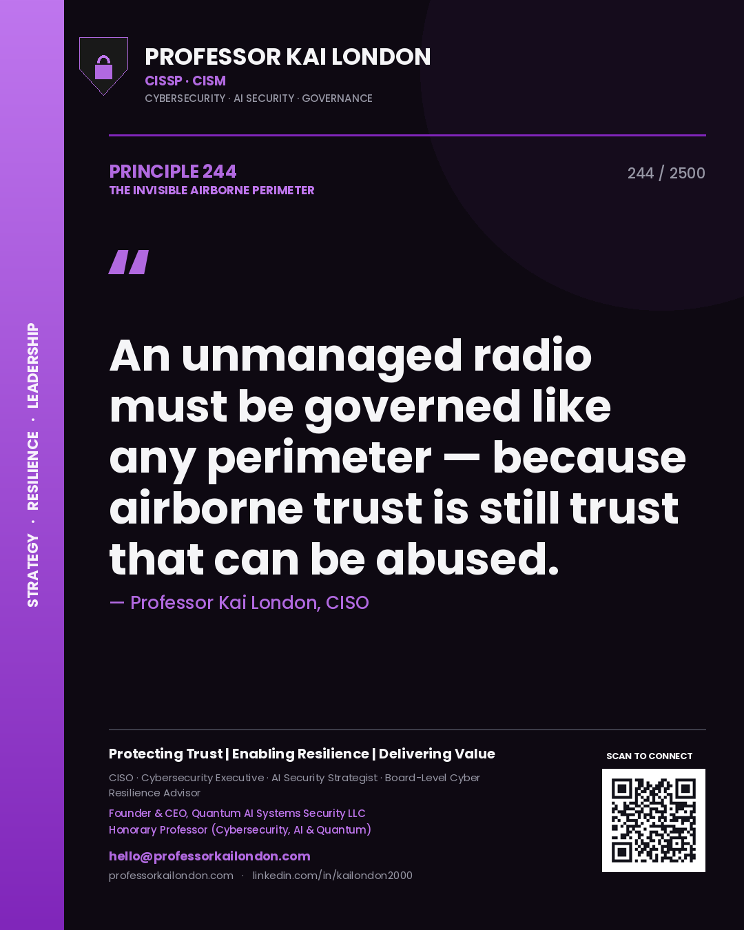 Quote card by Professor Kai London reading 'An unmanaged radio must be governed like any perimeter — because airborne trust is still trust that can be abused.'. From the book The Invisible Airborne Perimeter.