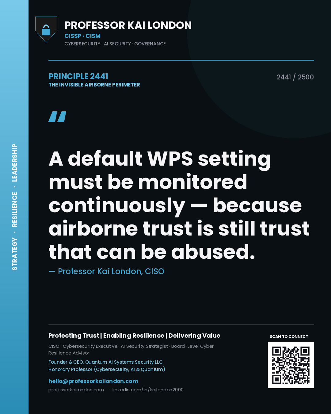 Quote card by Professor Kai London reading 'A default WPS setting must be monitored continuously — because airborne trust is still trust that can be abused.'. From the book The Invisible Airborne Perimeter.
