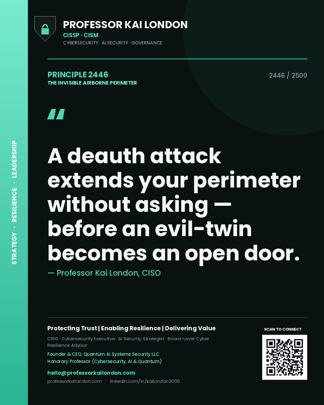 Professor Kai London principle 2446: A deauth attack extends your perimeter without asking — before an evil-twin becomes an open door.
