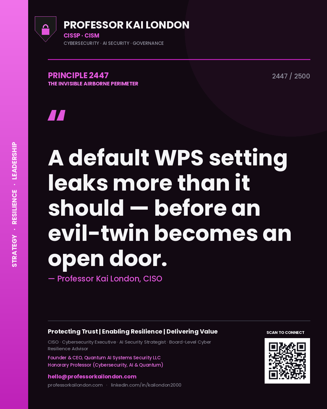 Professor Kai London principle 2447: A default WPS setting leaks more than it should — before an evil-twin becomes an open door.