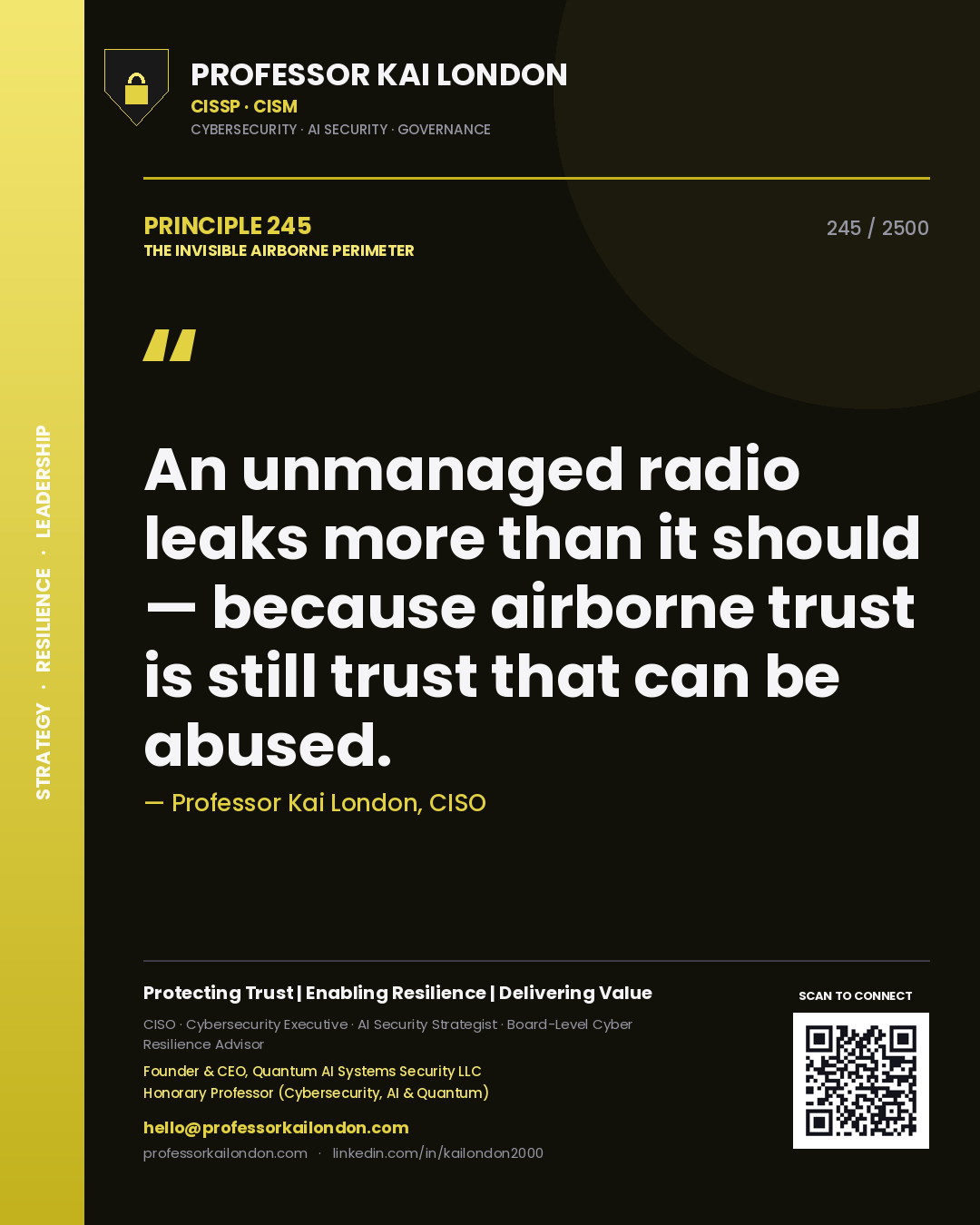 Quote card by Professor Kai London reading 'An unmanaged radio leaks more than it should — because airborne trust is still trust that can be abused.'. From the book The Invisible Airborne Perimeter.