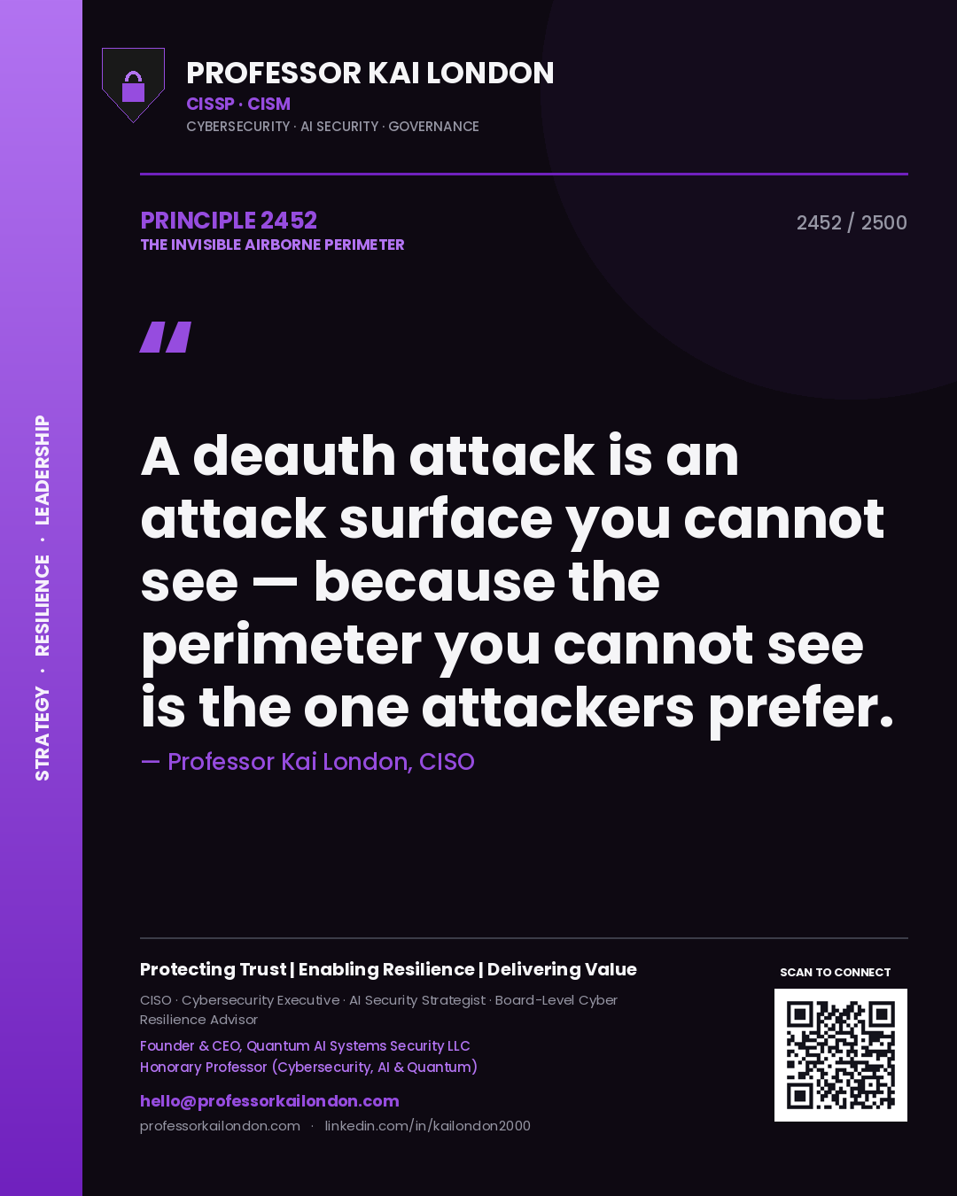 Quote card by Professor Kai London reading 'A deauth attack is an attack surface you cannot see — because the perimeter you cannot see is the one attackers prefer.'. From the book The Invisible Airborne Perimeter.