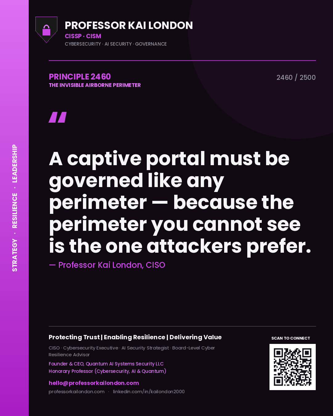 Quote card by Professor Kai London reading 'A captive portal must be governed like any perimeter — because the perimeter you cannot see is the one attackers prefer.'. From the book The Invisible Airborne Perimeter.