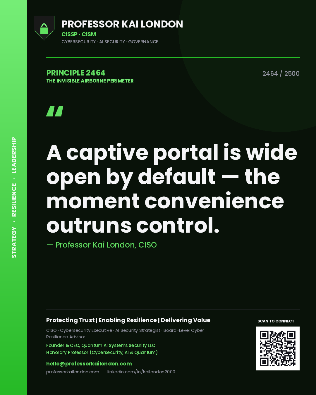 Quote card by Professor Kai London reading 'A captive portal is wide open by default — the moment convenience outruns control.'. From the book The Invisible Airborne Perimeter.