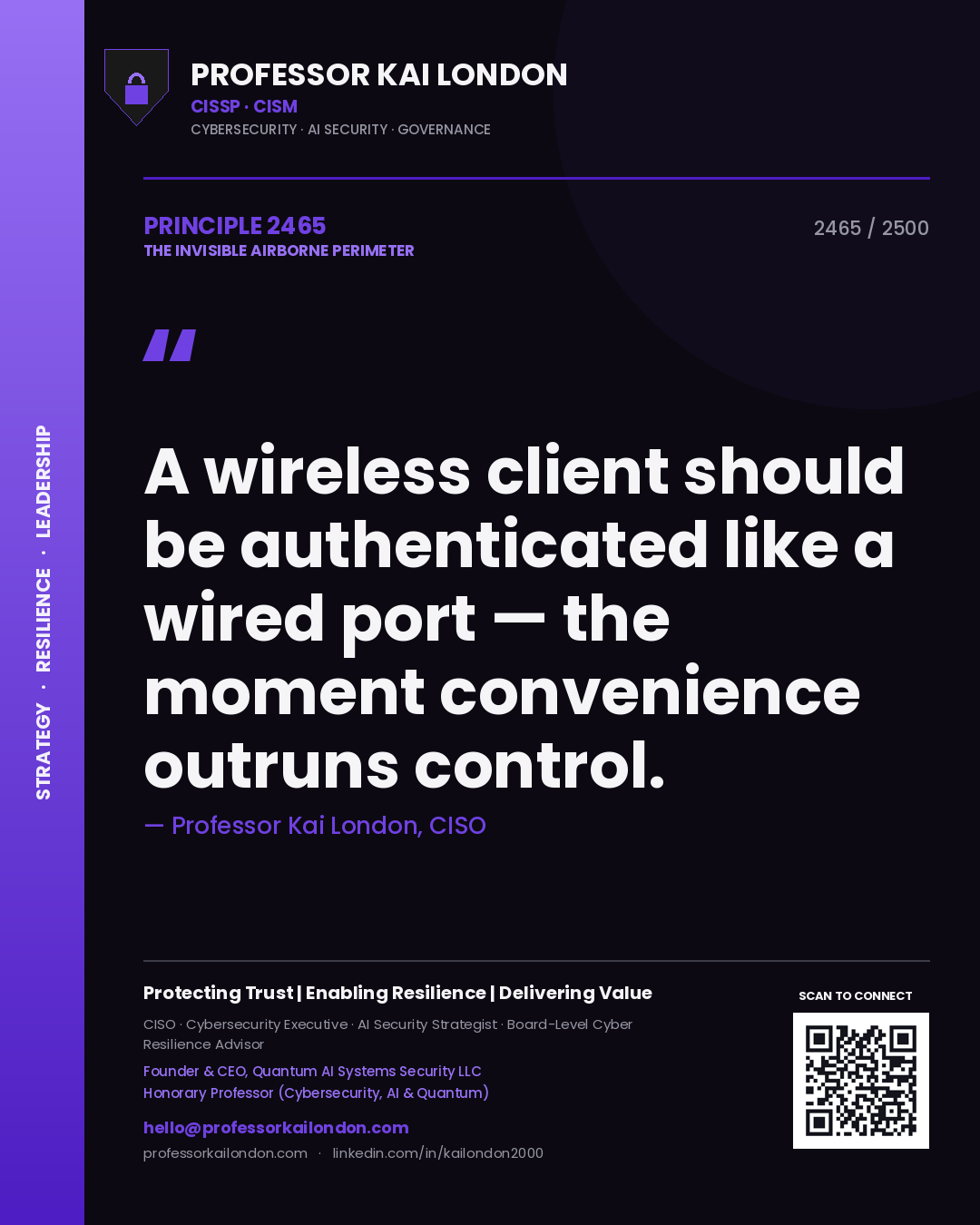Quote card by Professor Kai London reading 'A wireless client should be authenticated like a wired port — the moment convenience outruns control.'. From the book The Invisible Airborne Perimeter.
