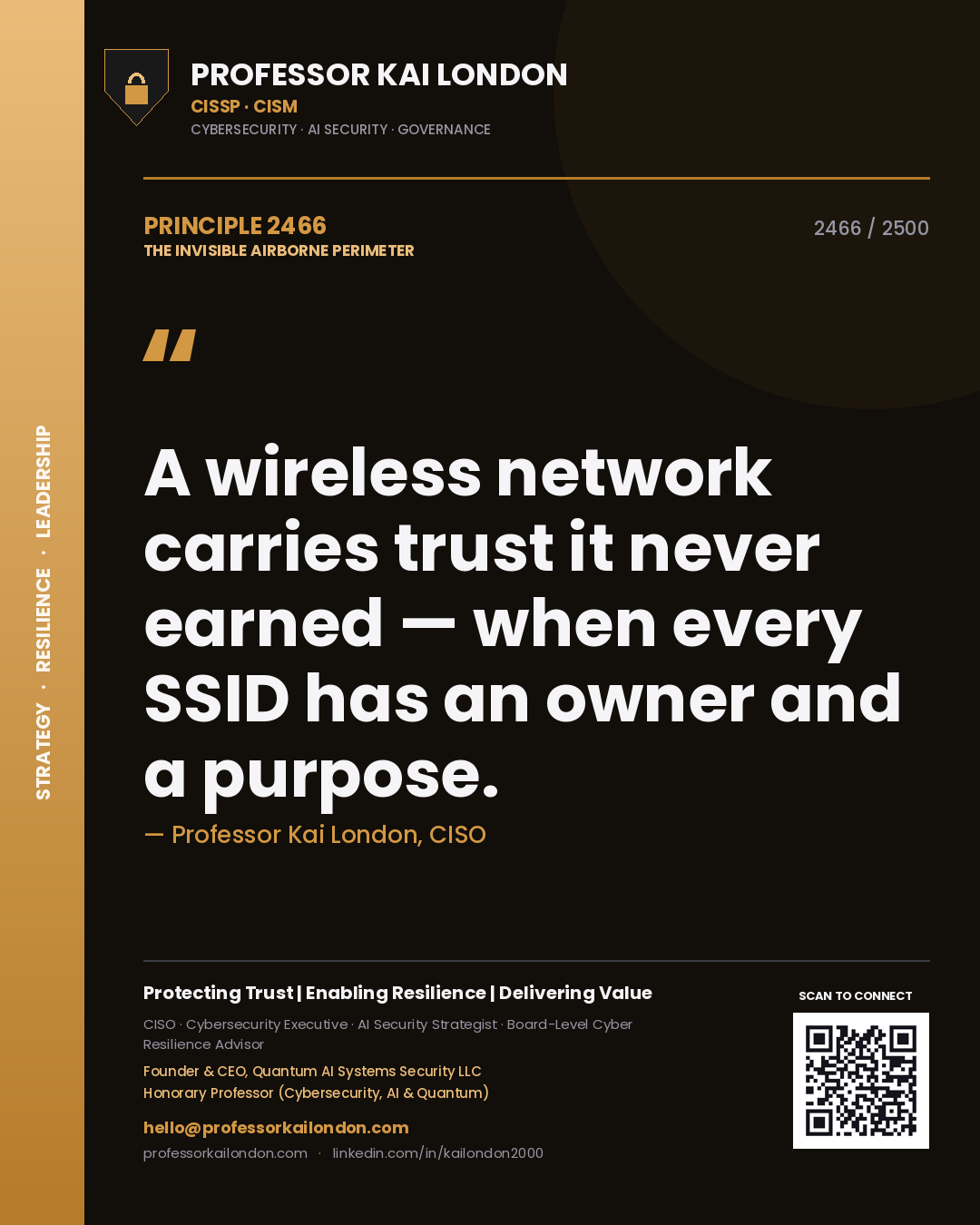 Quote card by Professor Kai London reading 'A wireless network carries trust it never earned — when every SSID has an owner and a purpose.'. From the book The Invisible Airborne Perimeter.