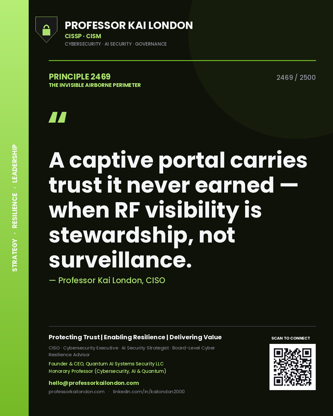 Quote card by Professor Kai London reading 'A captive portal carries trust it never earned — when RF visibility is stewardship, not surveillance.'. From the book The Invisible Airborne Perimeter.