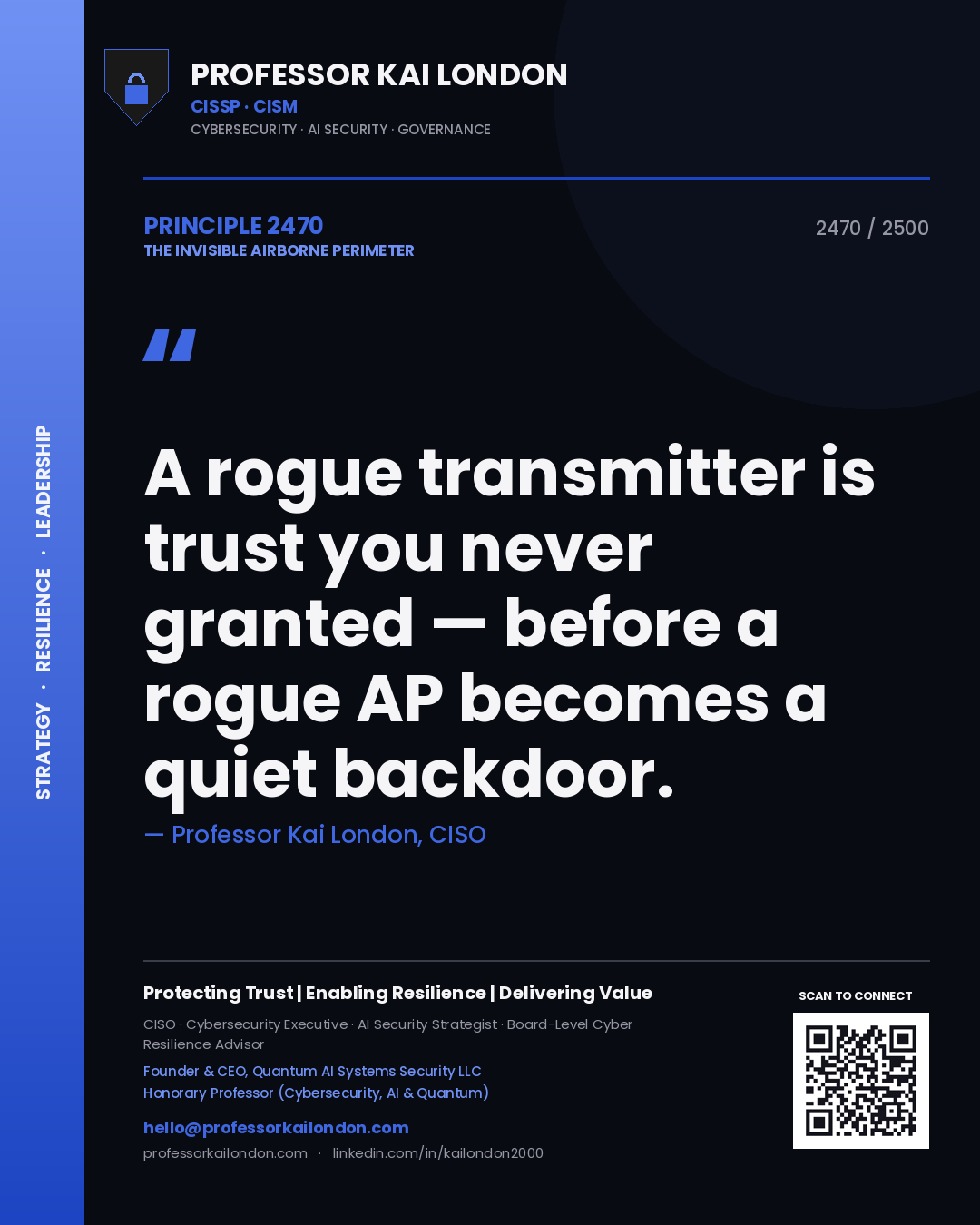 Professor Kai London principle 2470: A rogue transmitter is trust you never granted — before a rogue AP becomes a quiet backdoor.