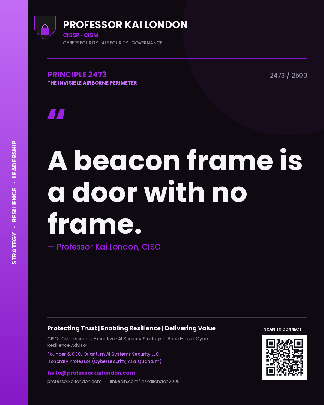 Quote card by Professor Kai London reading 'A beacon frame is a door with no frame.'. From the book The Invisible Airborne Perimeter.