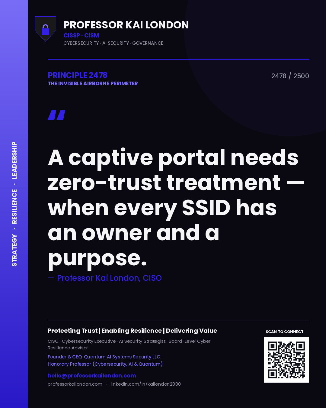 Quote card by Professor Kai London reading 'A captive portal needs zero-trust treatment — when every SSID has an owner and a purpose.'. From the book The Invisible Airborne Perimeter.