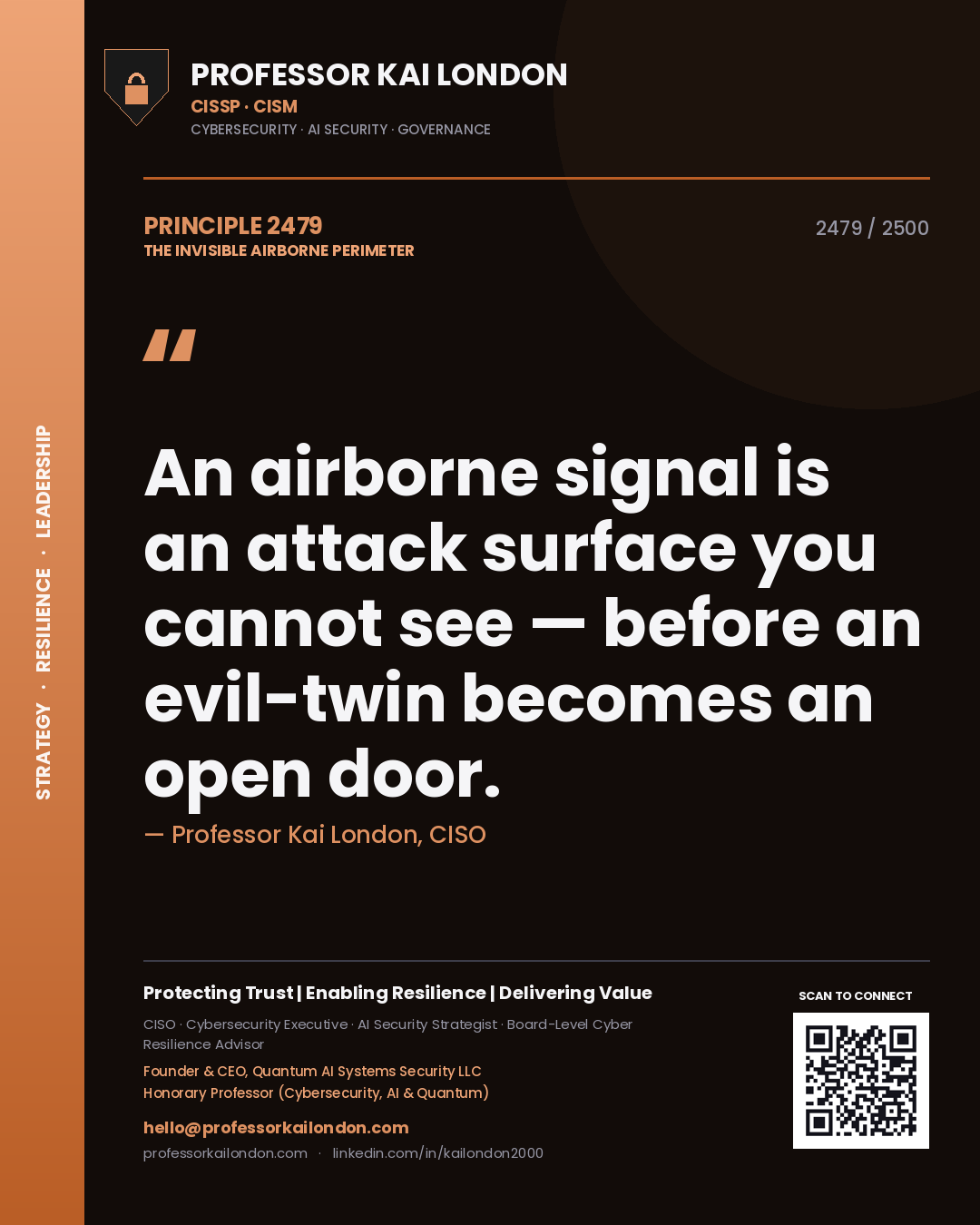 Professor Kai London principle 2479: An airborne signal is an attack surface you cannot see — before an evil-twin becomes an open door.