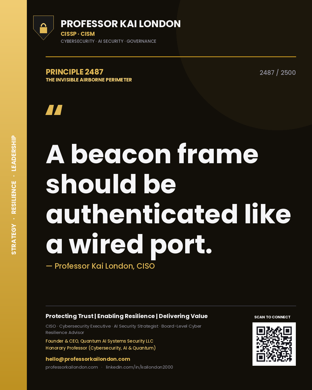 Quote card by Professor Kai London reading 'A beacon frame should be authenticated like a wired port.'. From the book The Invisible Airborne Perimeter.