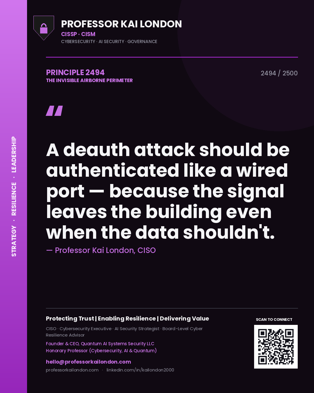 Professor Kai London principle 2494: A deauth attack should be authenticated like a wired port — because the signal leaves the building even when the data shouldn't.