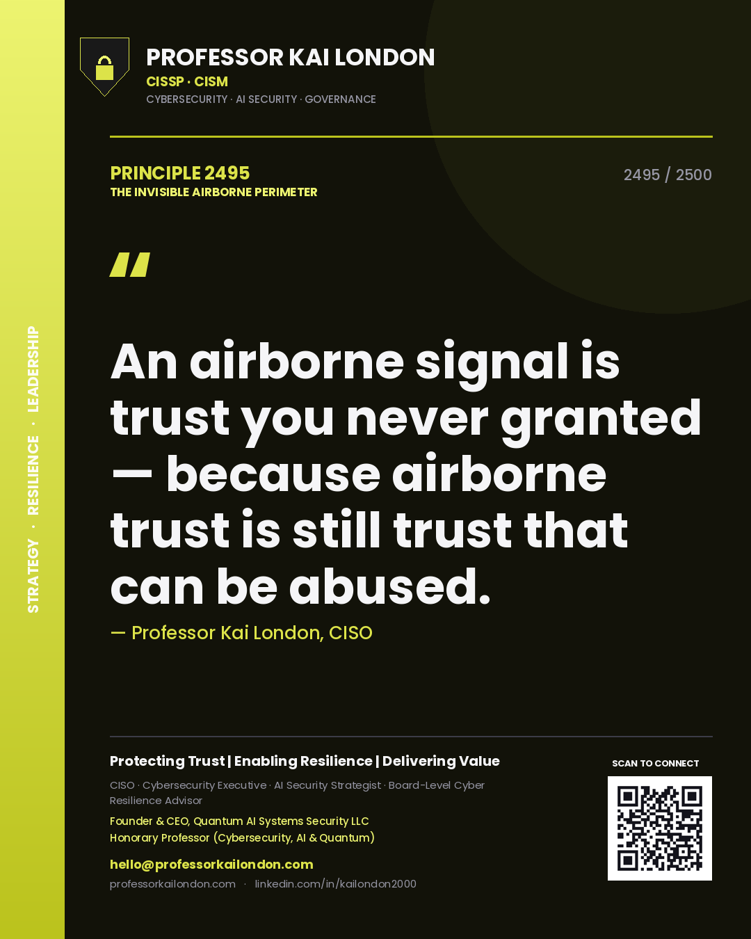 Quote card by Professor Kai London reading 'An airborne signal is trust you never granted — because airborne trust is still trust that can be abused.'. From the book The Invisible Airborne Perimeter.