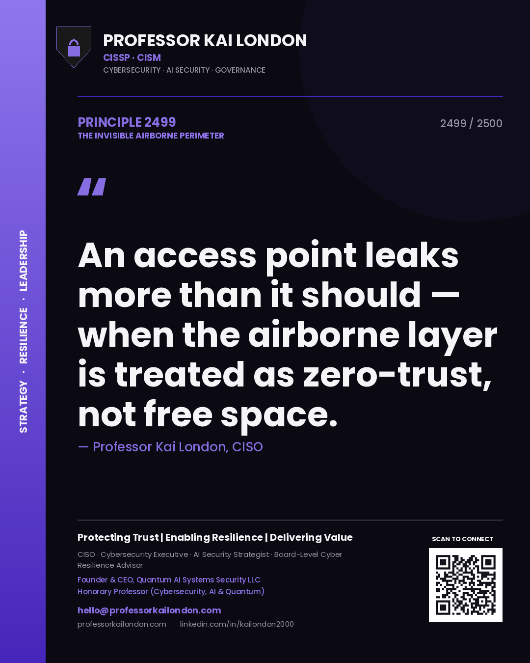 Quote card by Professor Kai London reading 'An access point leaks more than it should — when the airborne layer is treated as zero-trust, not free space.'. From the book The Invisible Airborne Perimeter.