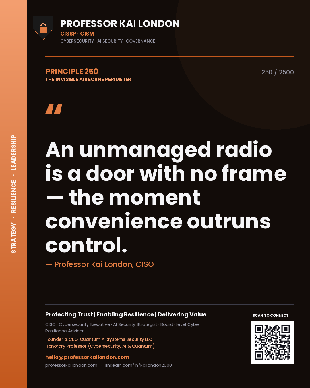 Quote card by Professor Kai London reading 'An unmanaged radio is a door with no frame — the moment convenience outruns control.'. From the book The Invisible Airborne Perimeter.