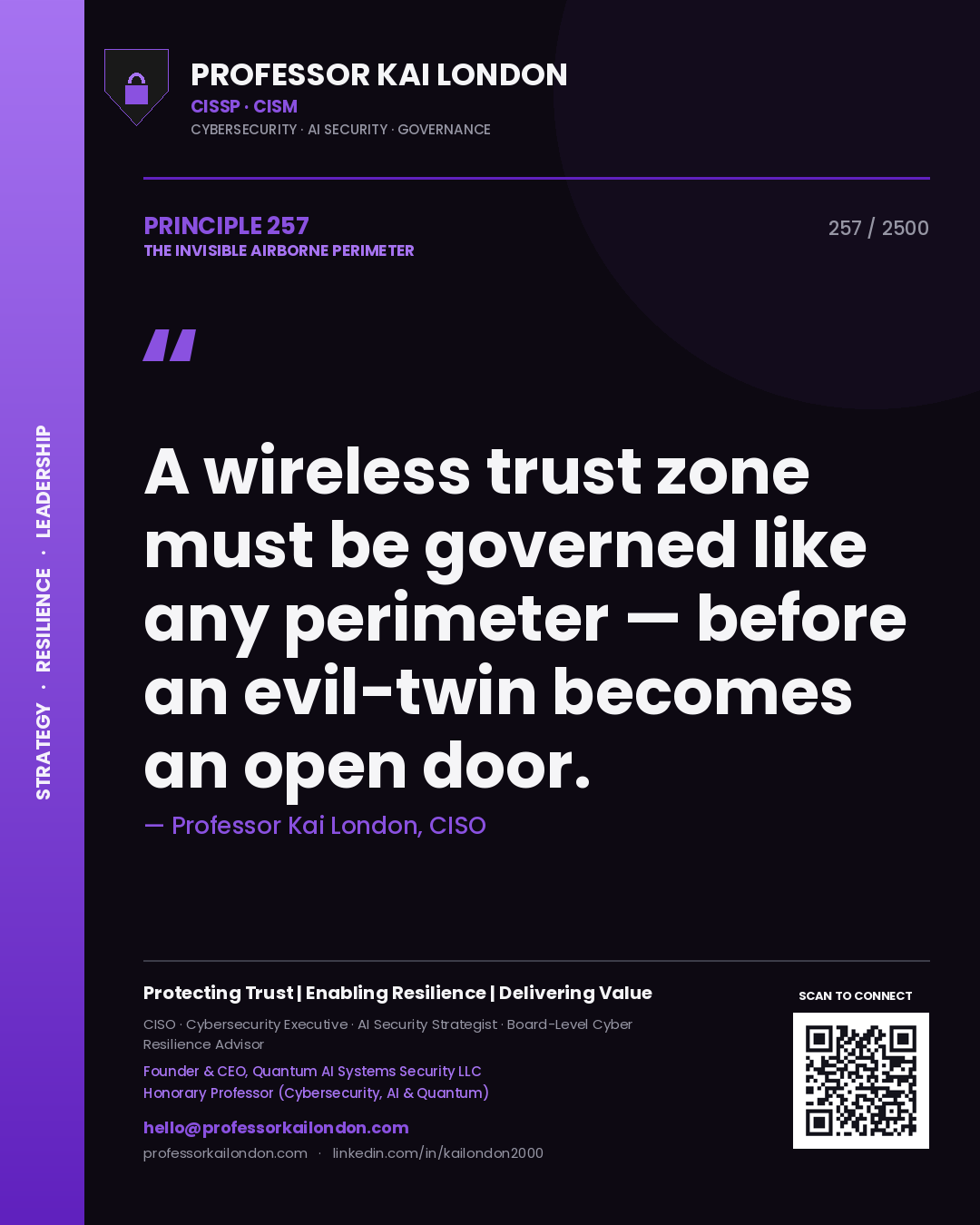 Quote card by Professor Kai London reading 'A wireless trust zone must be governed like any perimeter — before an evil-twin becomes an open door.'. From the book The Invisible Airborne Perimeter.
