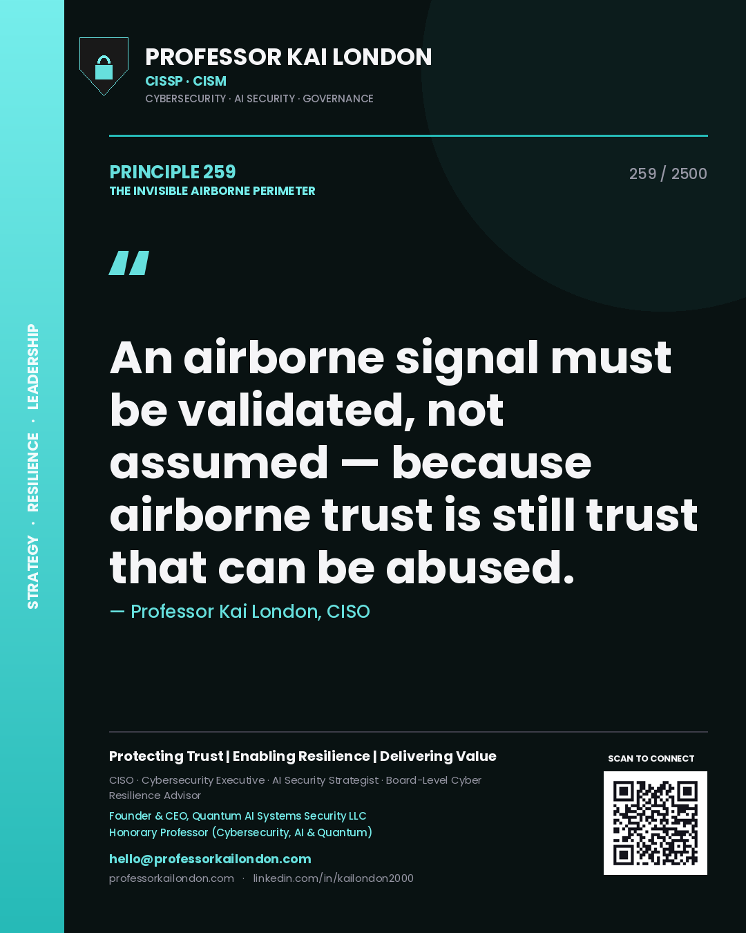 Quote card by Professor Kai London reading 'An airborne signal must be validated, not assumed — because airborne trust is still trust that can be abused.'. From the book The Invisible Airborne Perimeter.